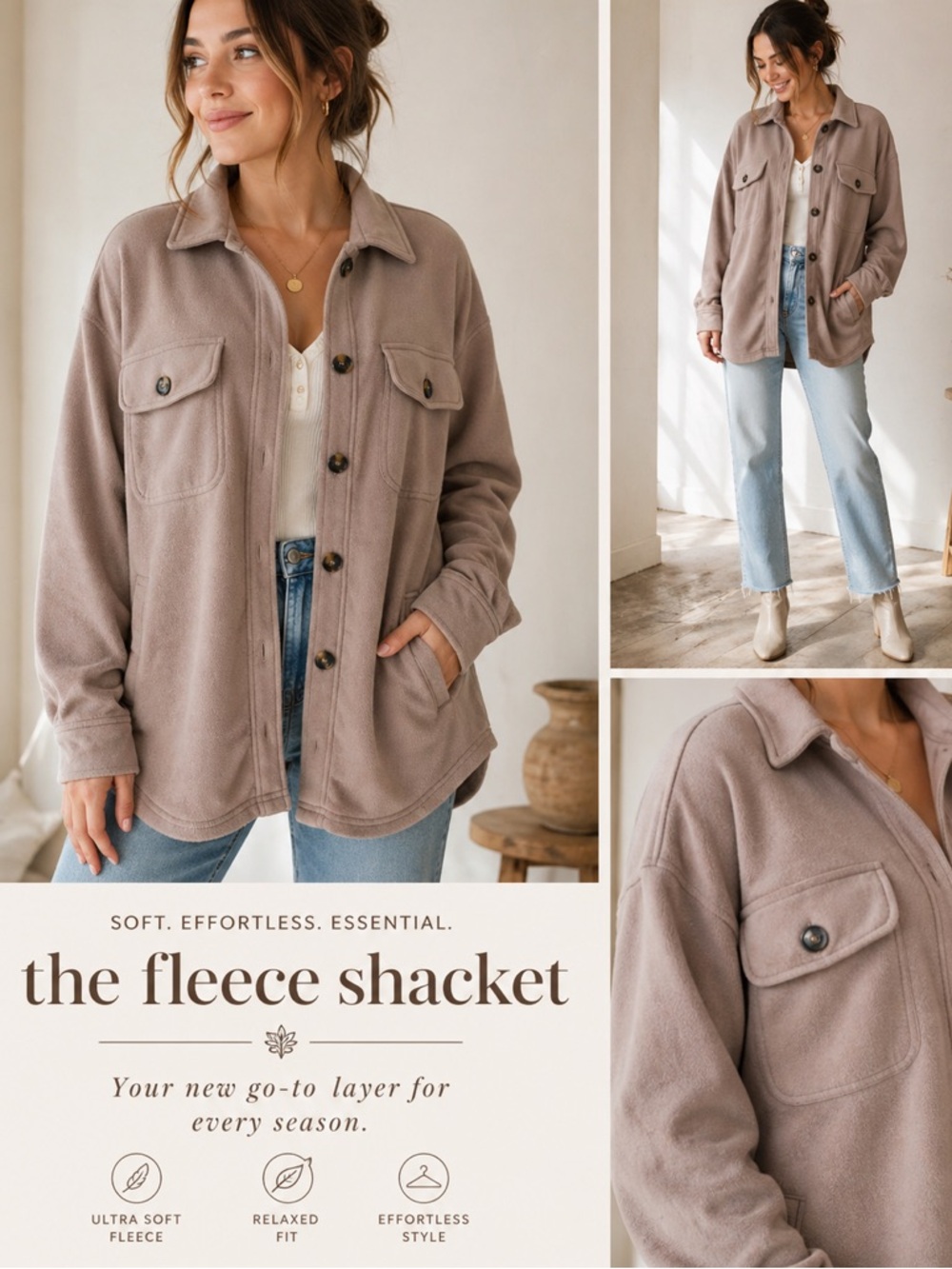 Taupe Fleece Shacket Jacket by Simply Blessed NWT